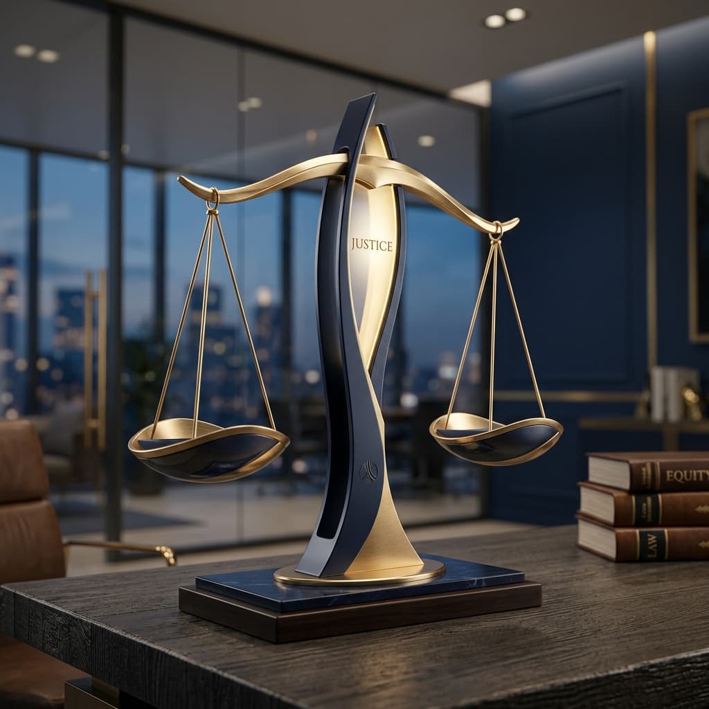 Abstract modern justice scale in gold and navy blue